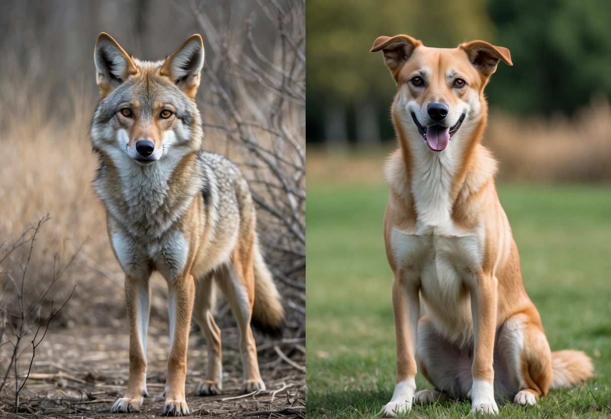 A coyote and a domestic dog standing side by side outdoors, showing their different physical traits.