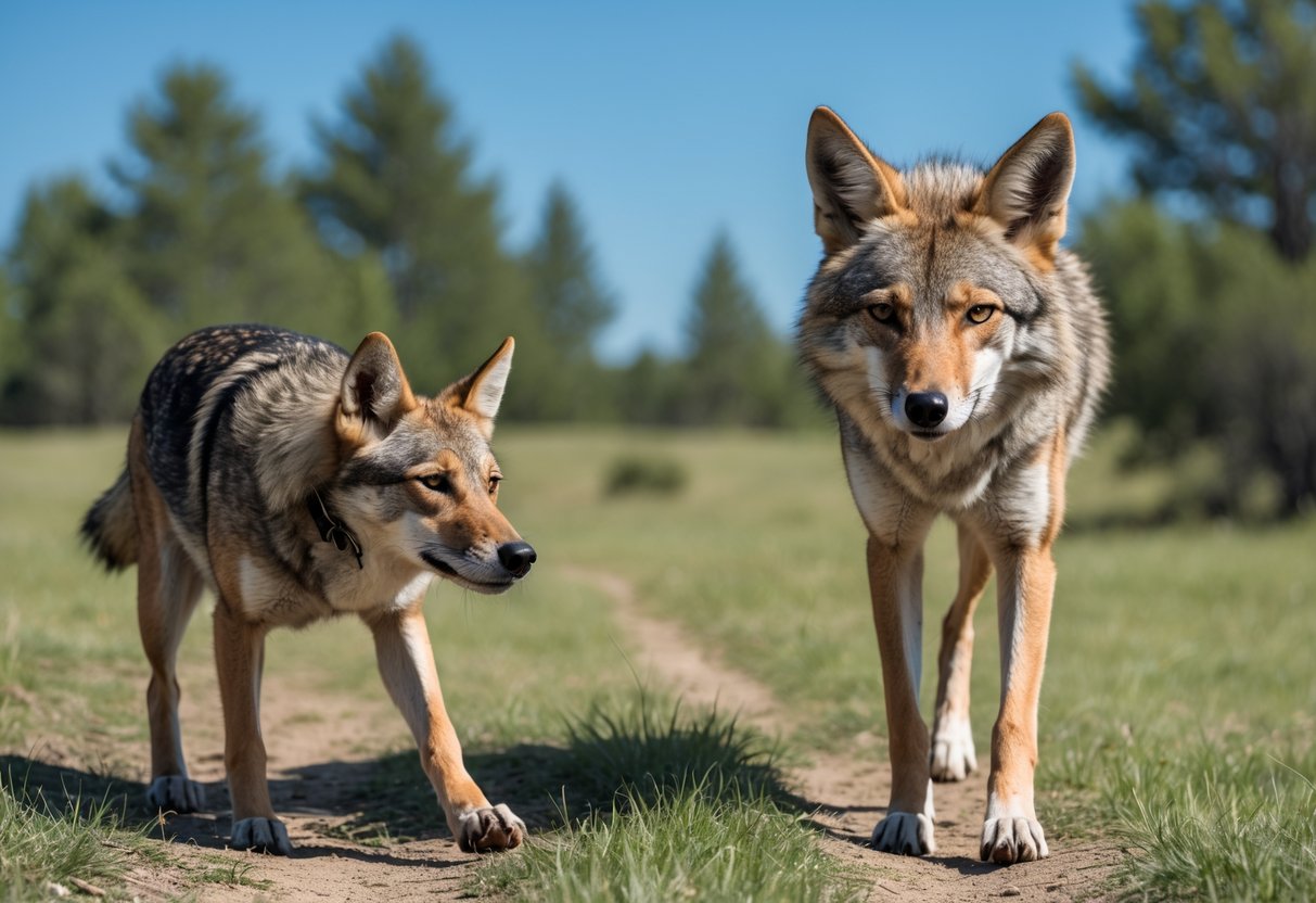 A coyote and a dog facing each other in a grassy field with trees in the background.
