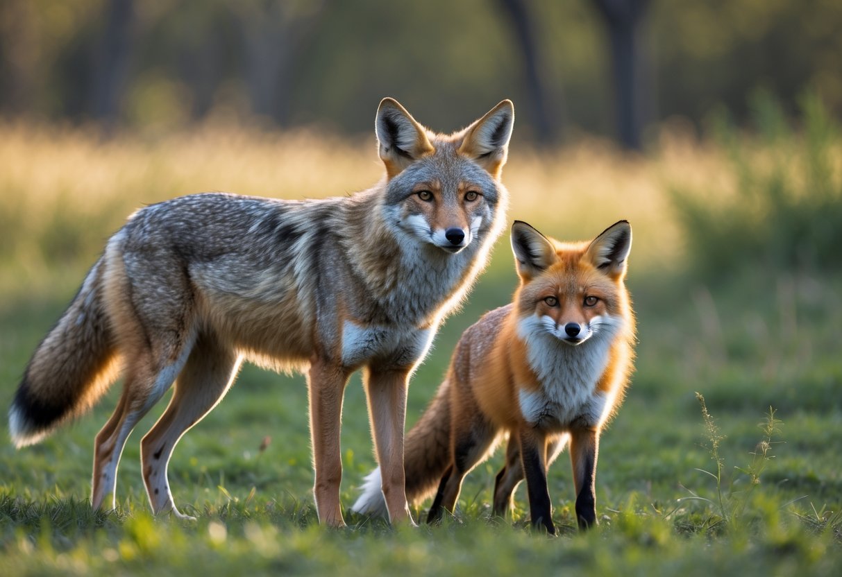 A coyote and a fox standing side by side in a grassy field with trees in the background.