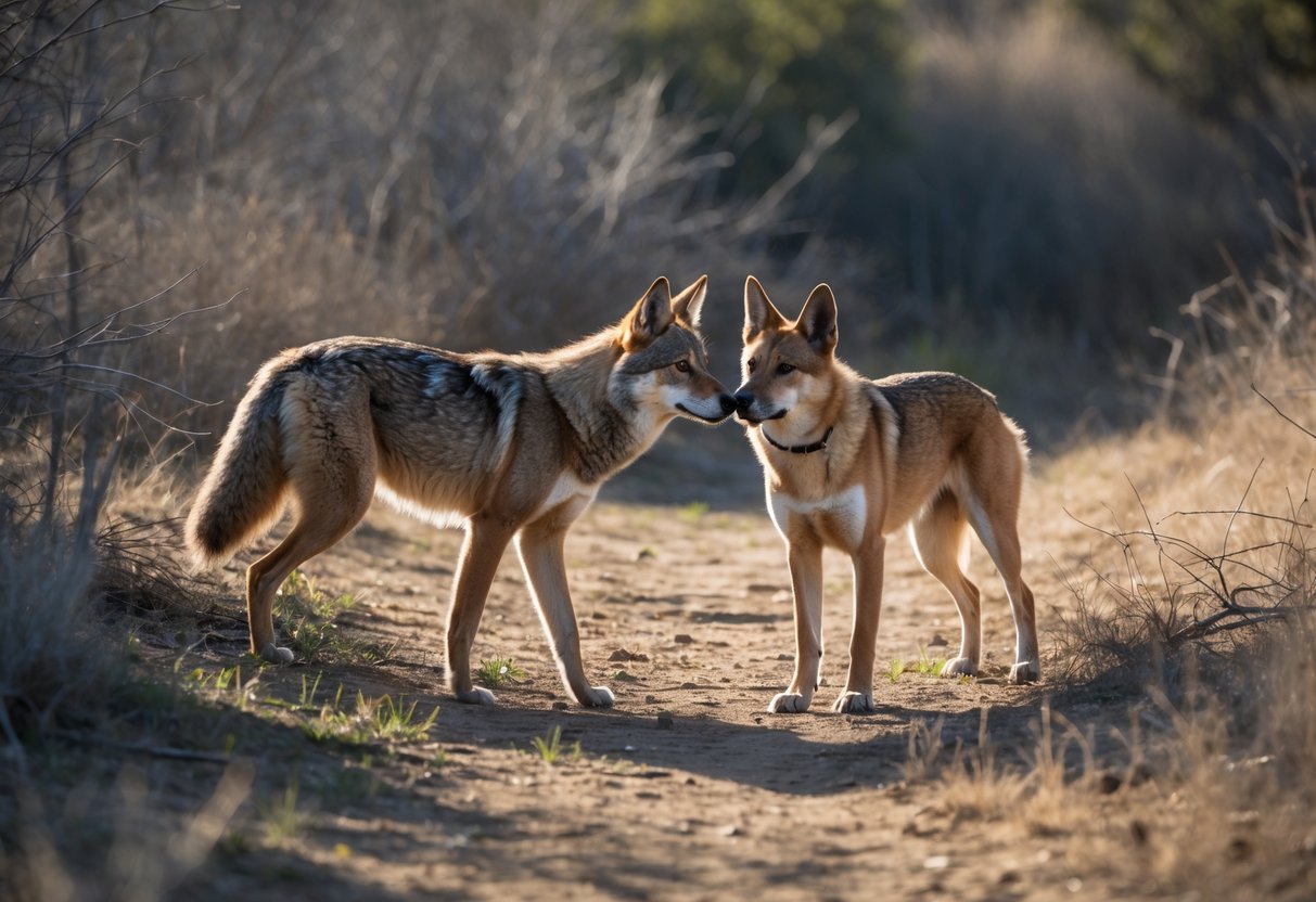 A wild coyote cautiously approaches a domestic dog standing alert in a natural outdoor setting with grass and bushes.