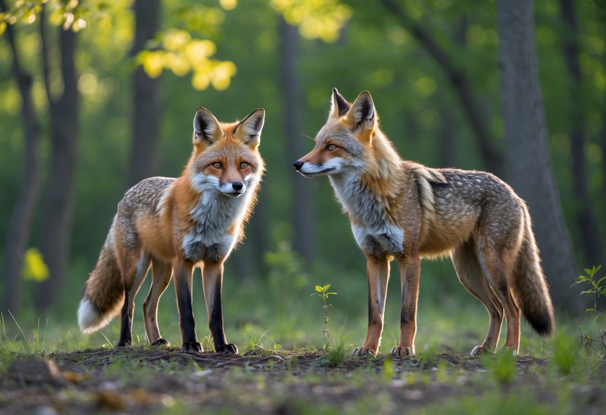 A red fox and a coyote standing in a forest clearing, looking at each other with alert expressions.
