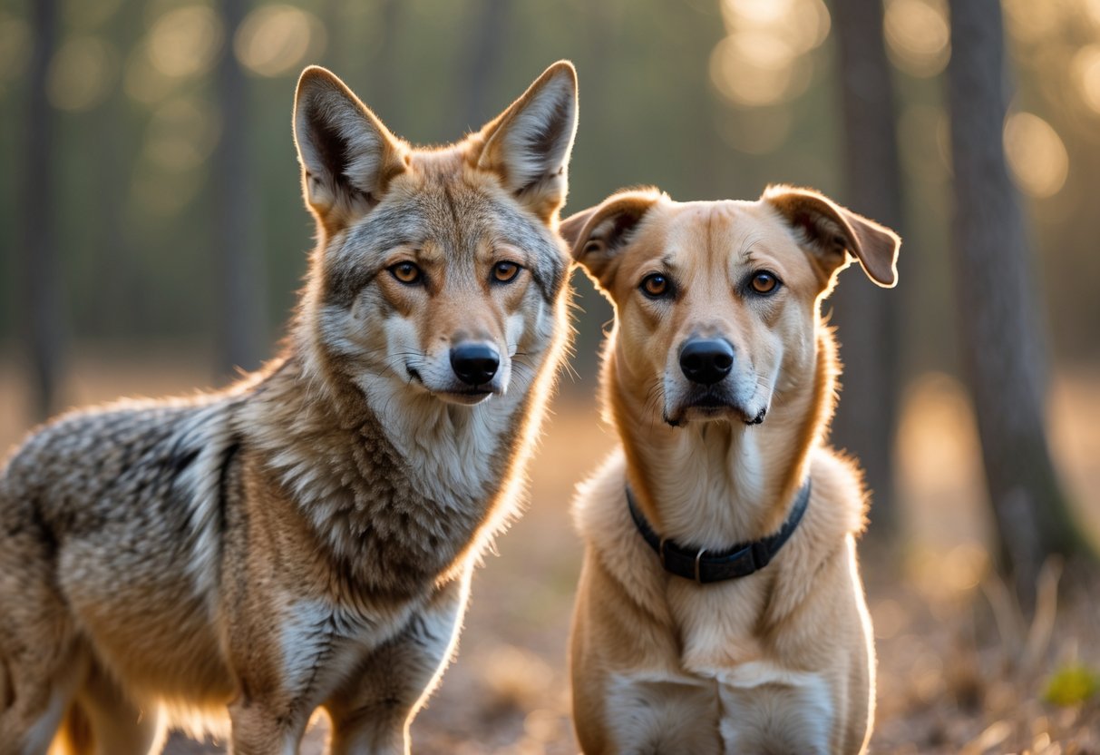 A coyote and a domestic dog standing side by side outdoors in a forest clearing.