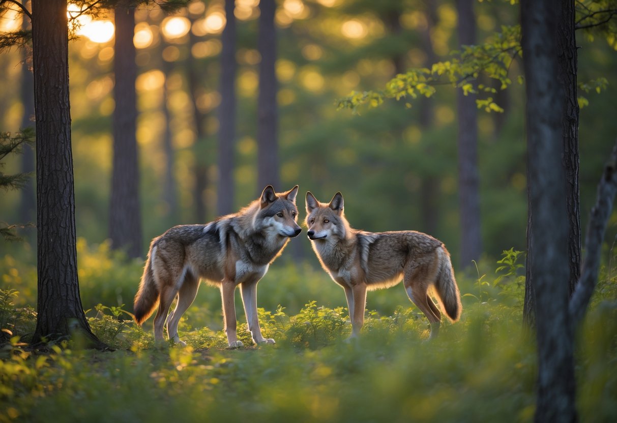 A wolf and a coyote together in a forest, showing gentle interaction among trees and sunlight.