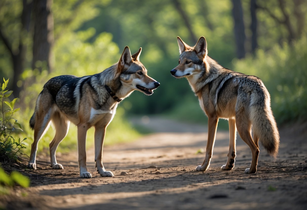 A dog and a coyote facing each other in a forest clearing, both looking alert and cautious.