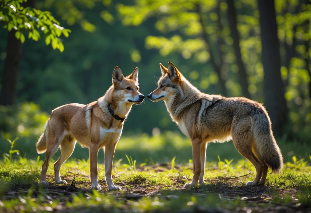 A dog and a coyote face each other cautiously in a sunlit forest clearing.
