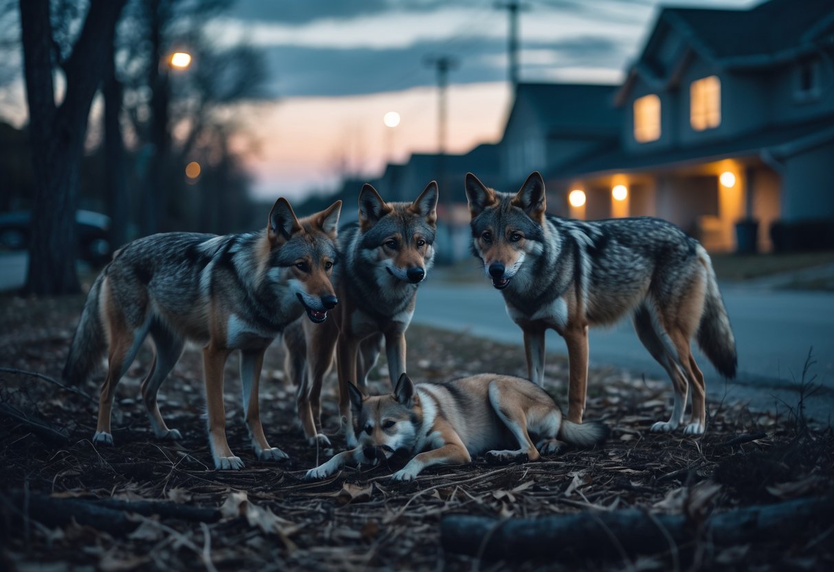 A group of wild coyotes surrounding a small injured dog near the edge of a forest at dusk, with suburban houses visible in the background.