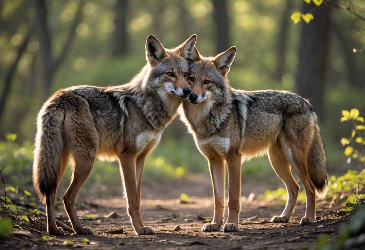 Two coyotes standing close together in a forest clearing, showing a gentle and connected interaction.