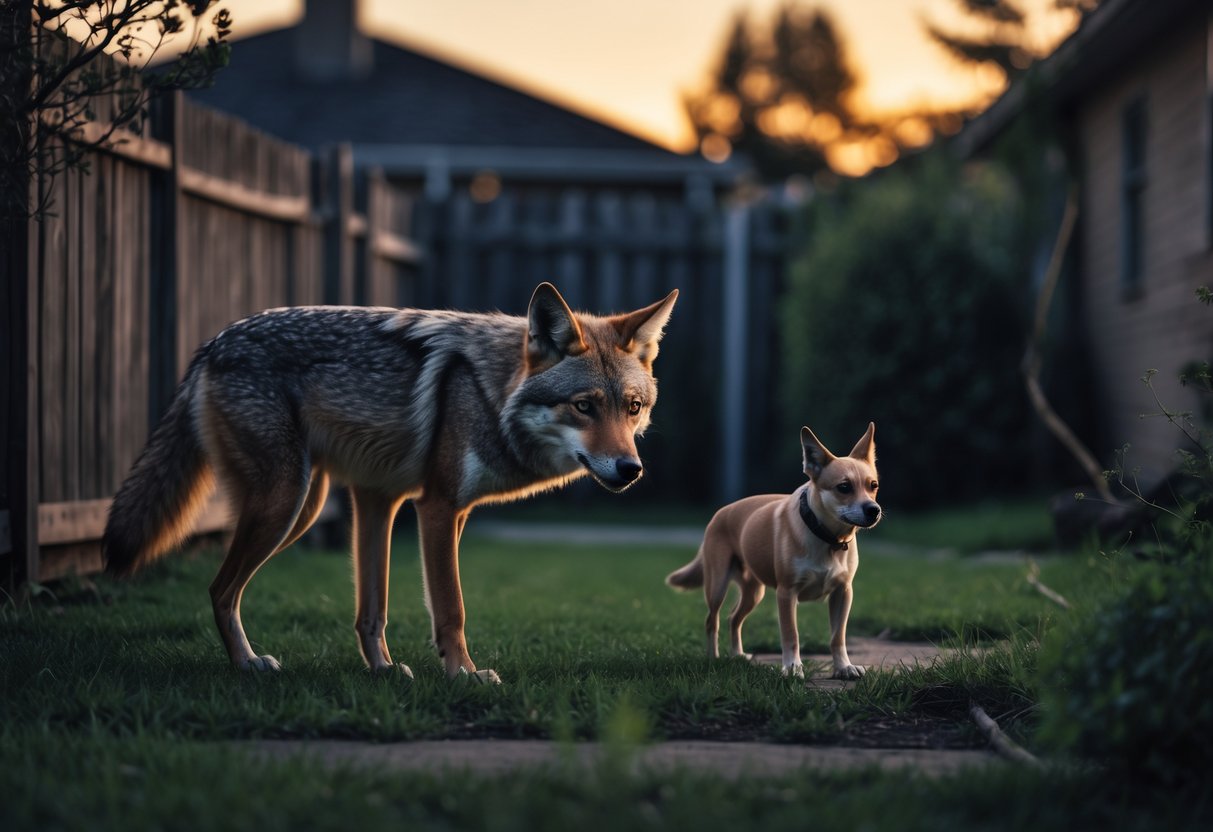 A coyote cautiously approaches a small dog in a suburban backyard at dusk.