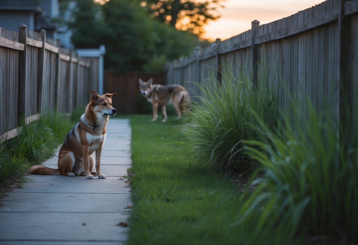A dog sitting near a wooden fence with a coyote visible in the bushes outside the fence in a suburban backyard at dusk.