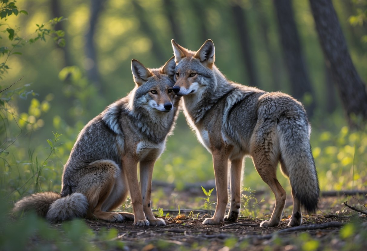 Two coyotes closely positioned in a forest during mating season.