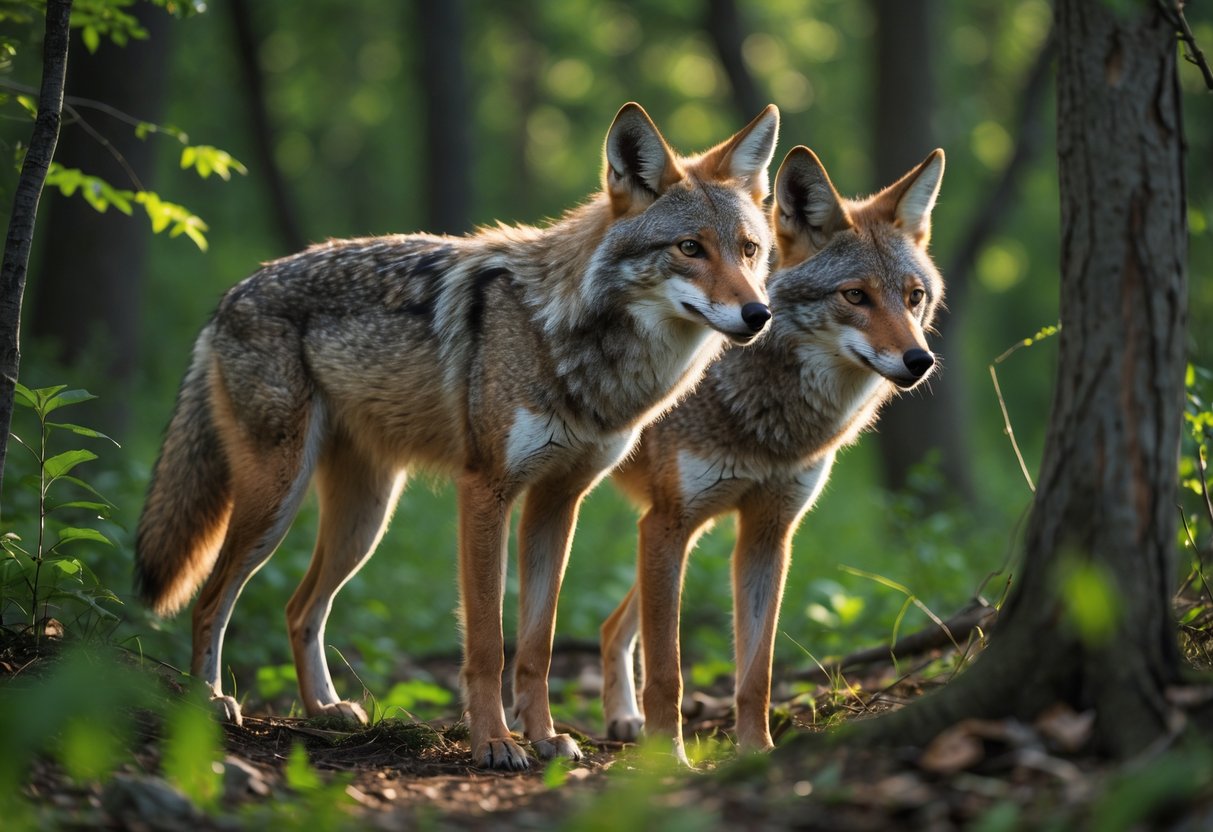 Two coyotes closely interacting in a forest setting during mating season.