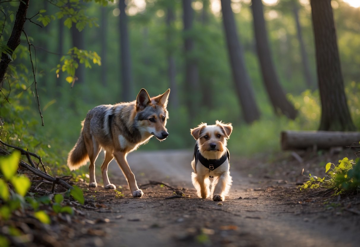 A coyote cautiously approaches a small dog in a forested area with sunlight filtering through the trees.