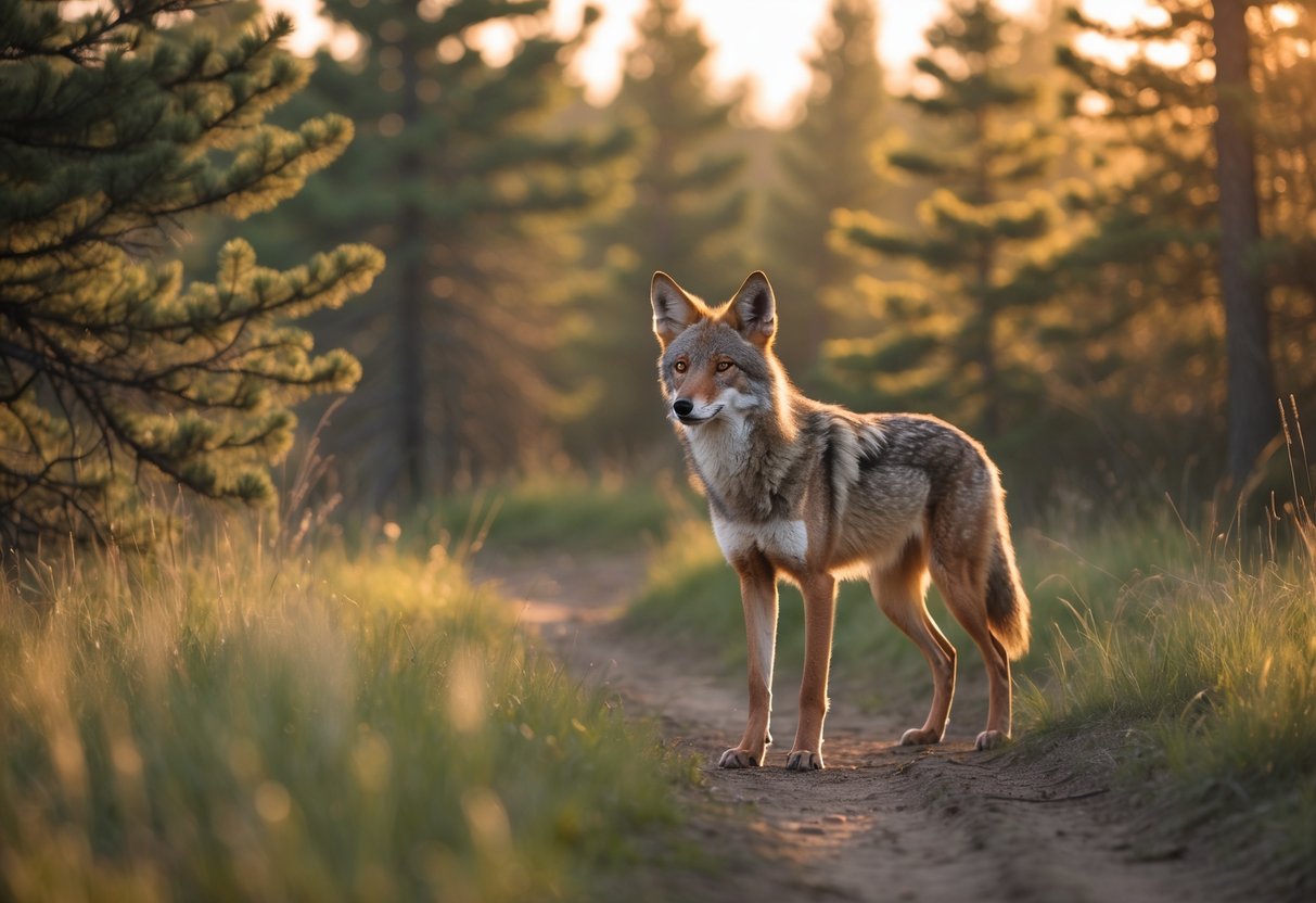 A coyote standing alert in a forest with tall grasses and trees, looking into the distance near a dirt trail with faint human footprints.