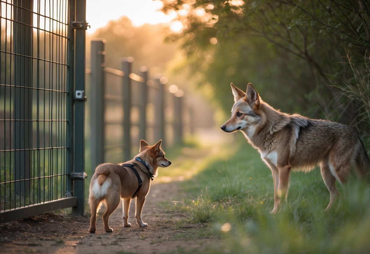 A small dog standing near a fence looking cautiously at a coyote on the other side in a natural outdoor setting.