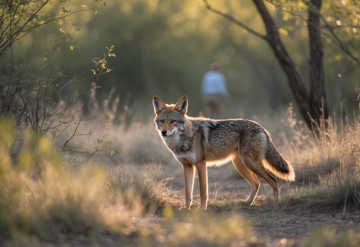 A wild coyote alert in a forested area with a faint human figure partially hidden among trees in the background.