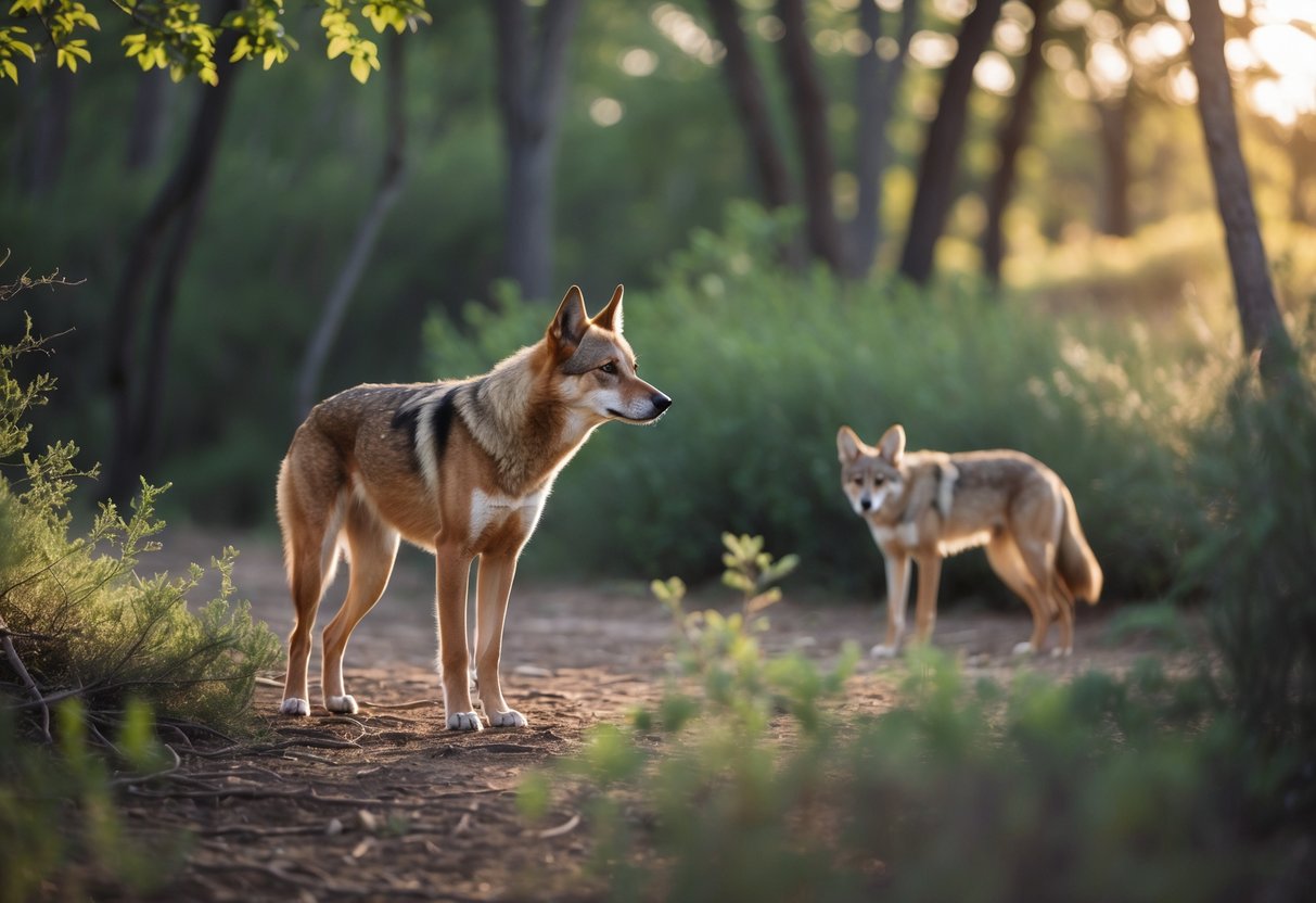 A dog cautiously watching a coyote partially hidden behind bushes in a wooded area.
