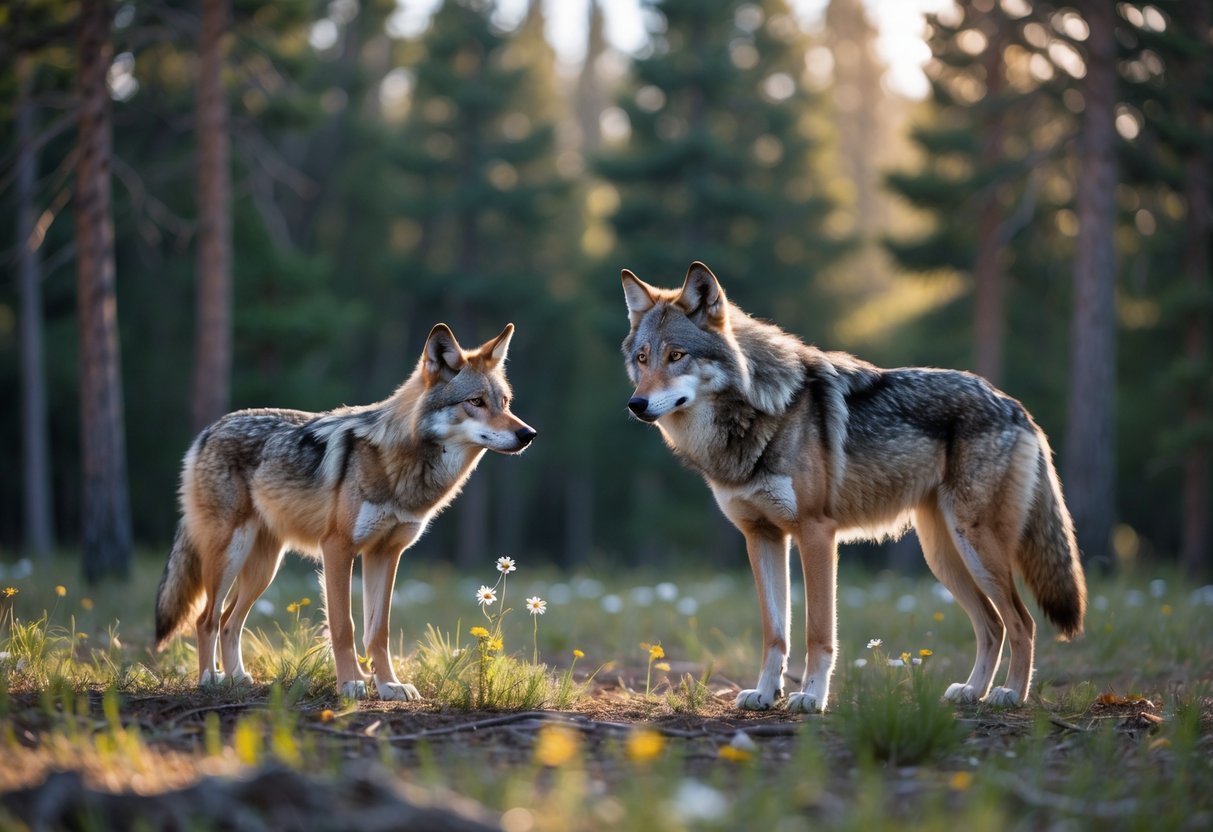 A coyote and a wolf standing close together in a forest clearing with trees and sunlight in the background.