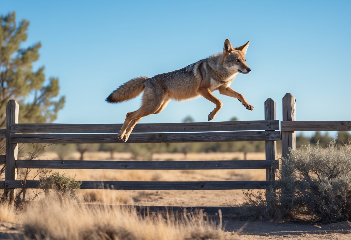 A coyote jumping over a six-foot tall wooden fence outdoors during the day.
