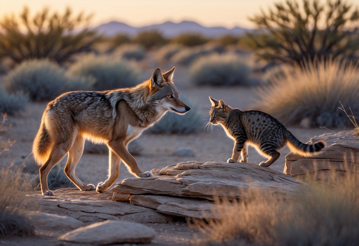 A coyote cautiously approaches a cat perched on a rocky outcrop in a desert setting.
