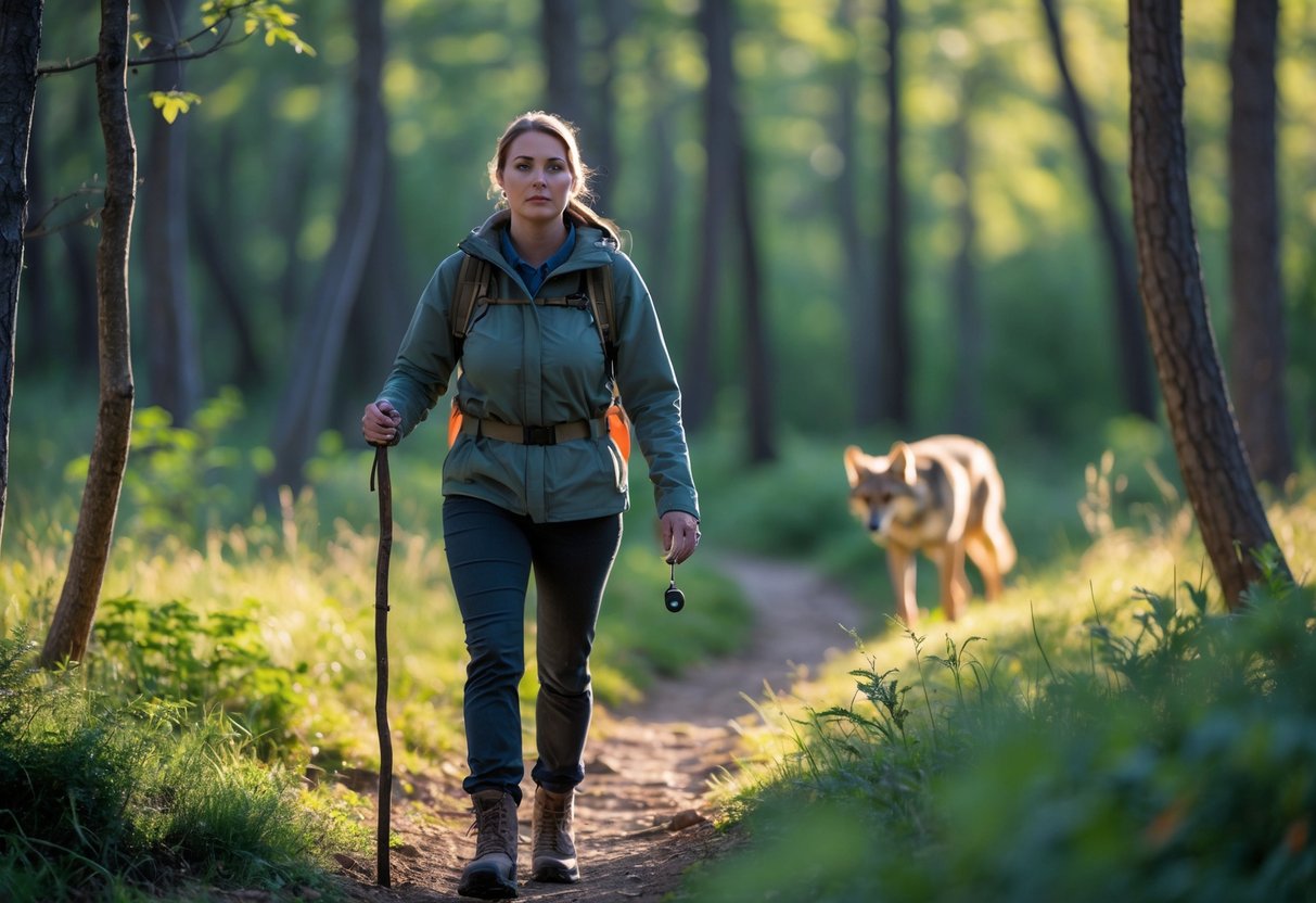 A person walking on a forest trail holding a walking stick and whistle, with a coyote visible in the distance among the trees.