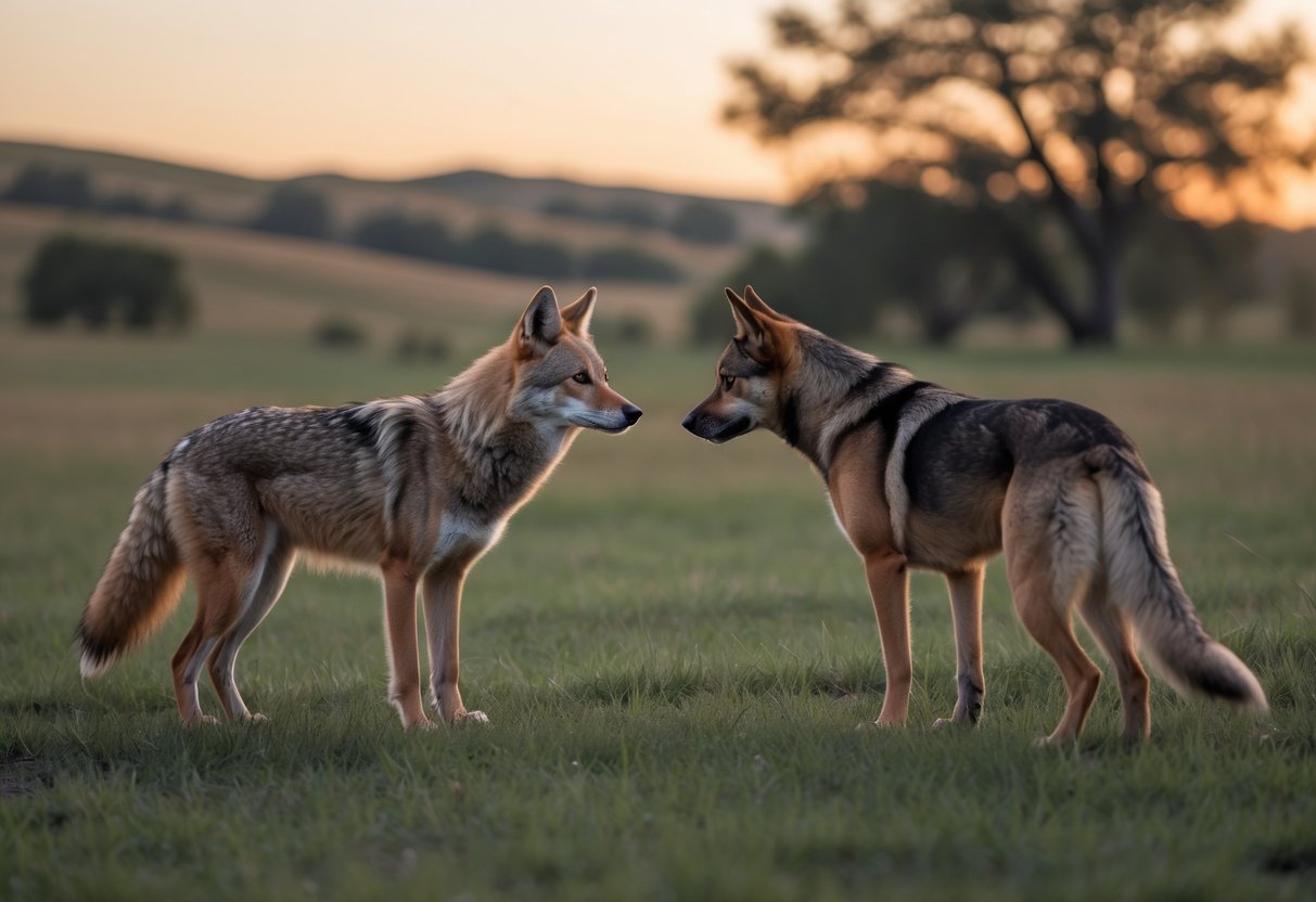 A coyote and a dog face each other at a distance in a grassy field during sunset.