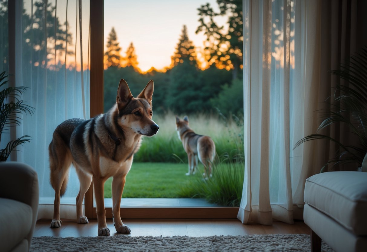 A dog inside a living room looking alertly out a window at a coyote in the backyard at dusk.