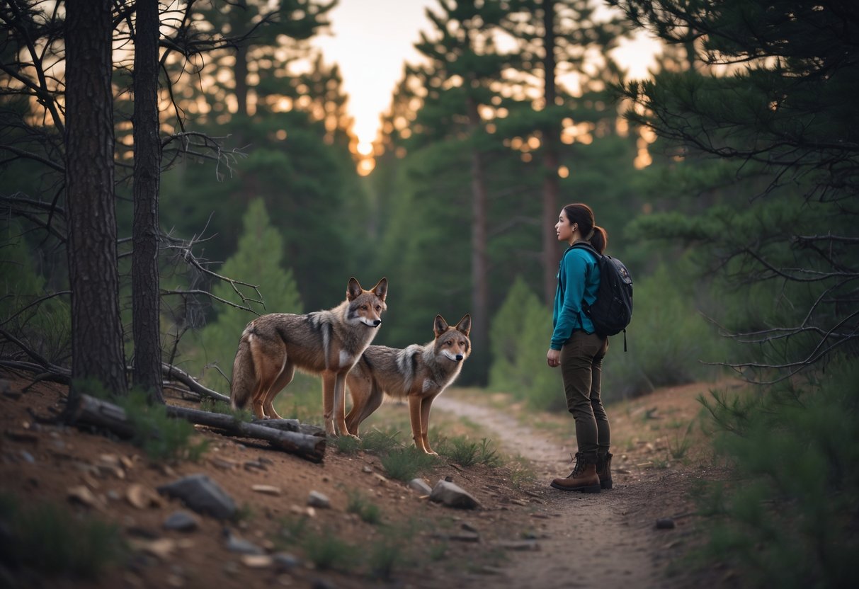 A person on a forest trail at dusk cautiously watching two coyotes nearby among trees and bushes.