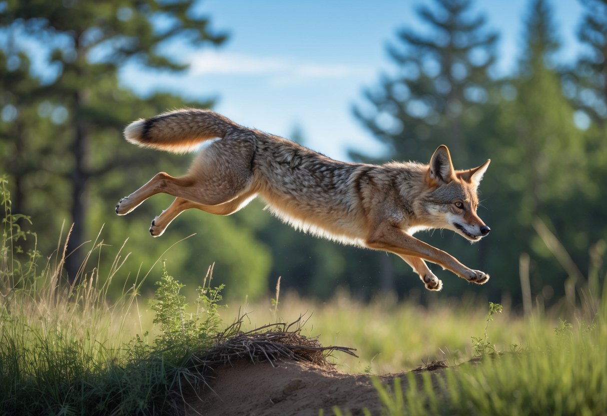 A coyote jumping over a natural obstacle in a forest clearing during the day.