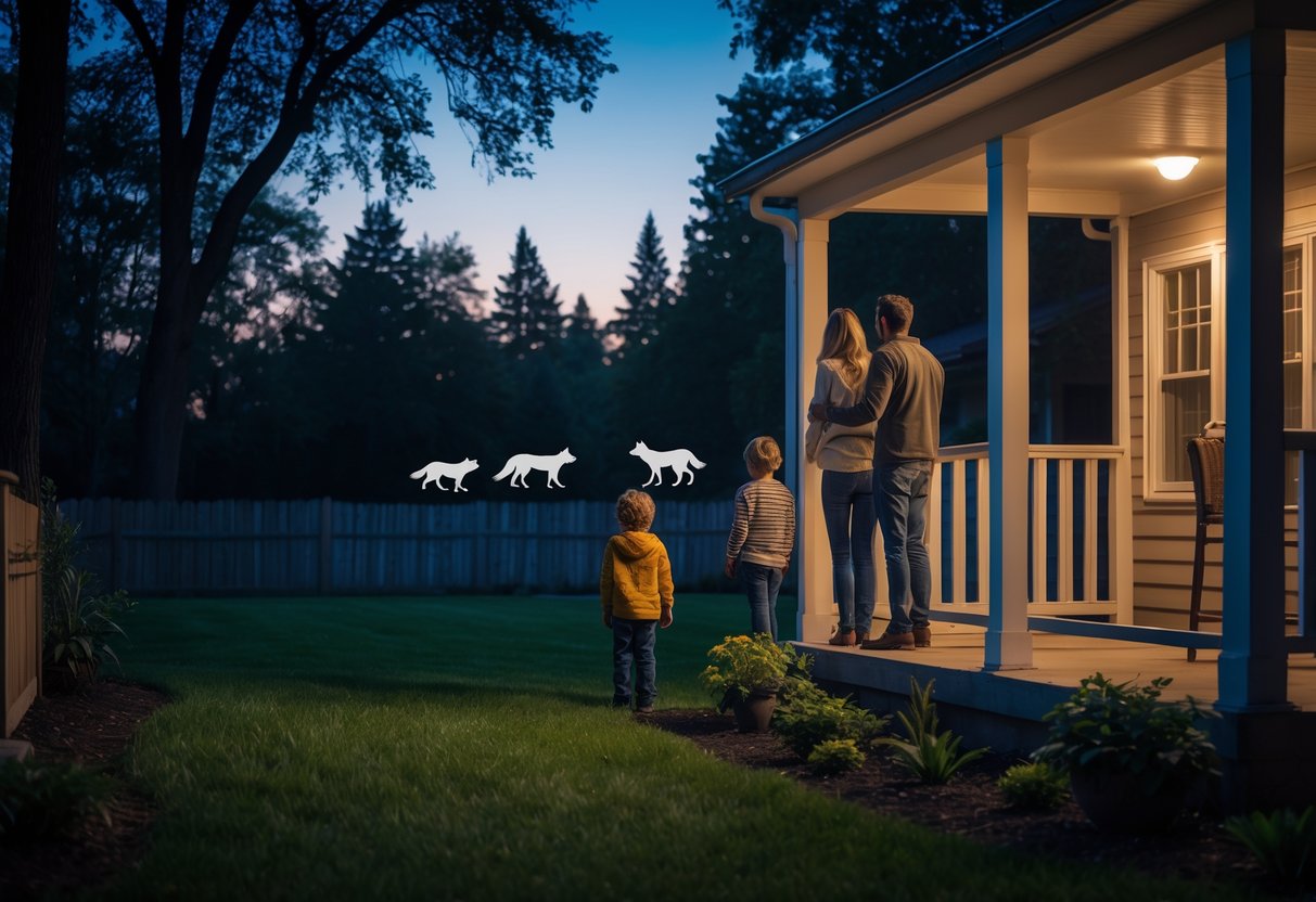 A family of three standing in their backyard at dusk looking toward distant coyotes near the tree line.
