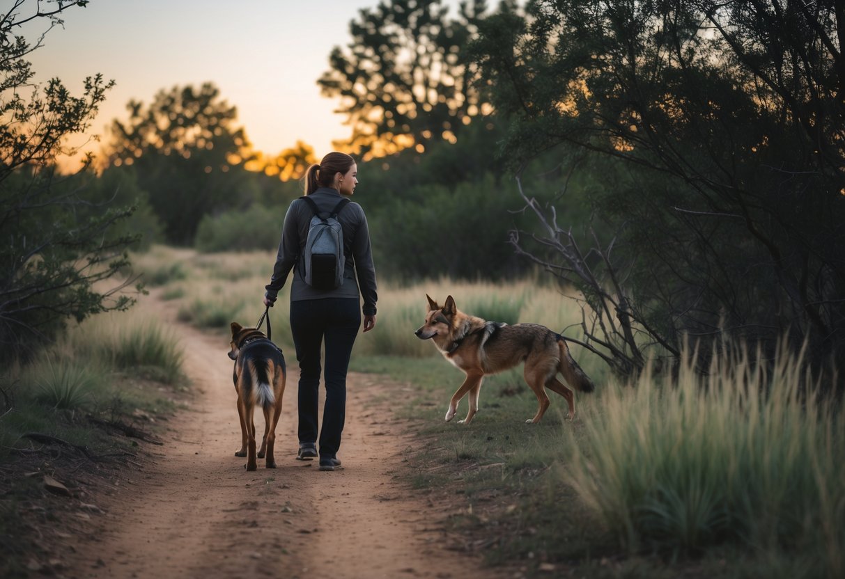 A person walking a dog on a trail with a coyote quietly following behind in a natural outdoor setting at dusk.