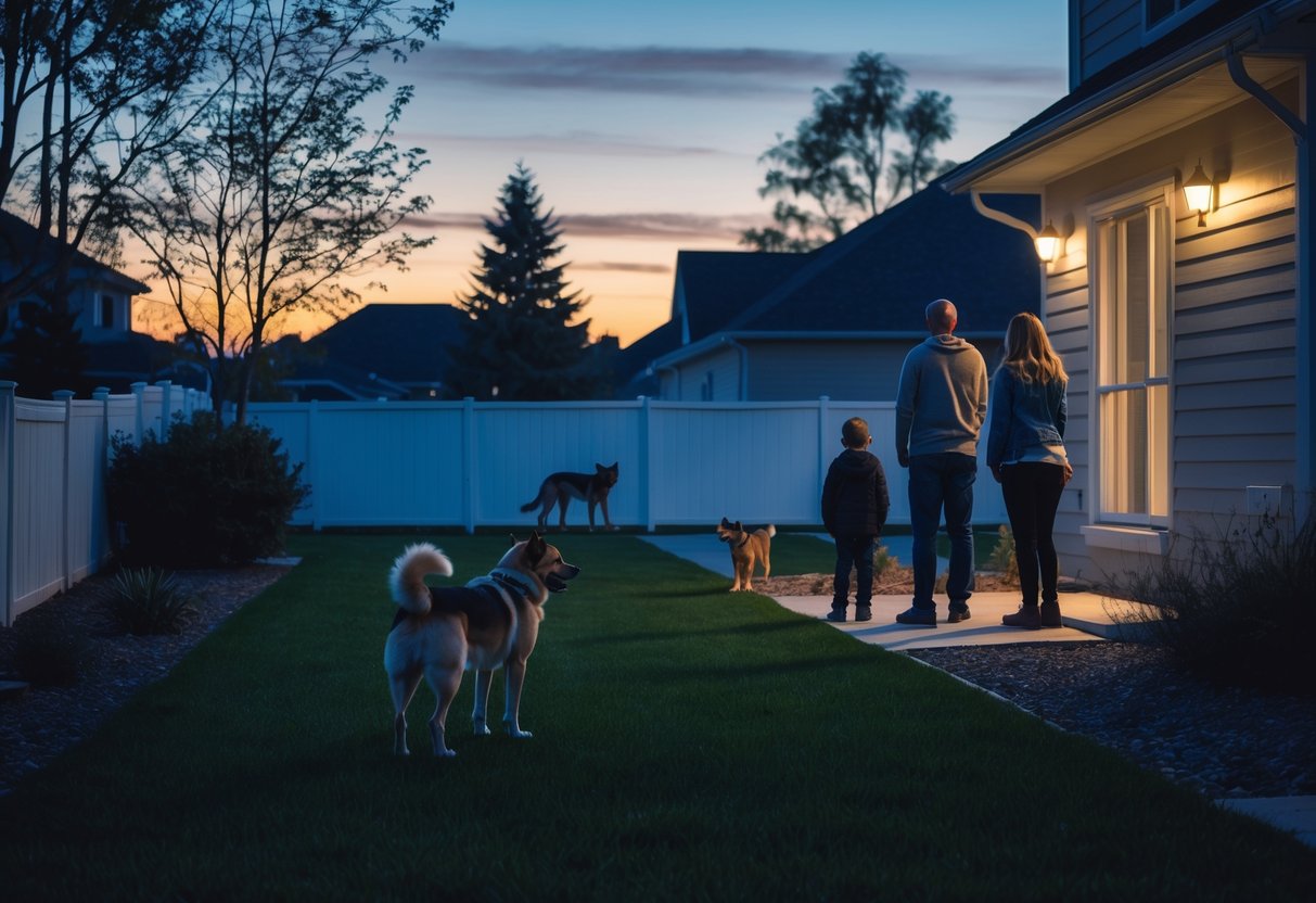 A family and their dog in a fenced backyard at dusk, looking toward distant coyotes outside the fence.