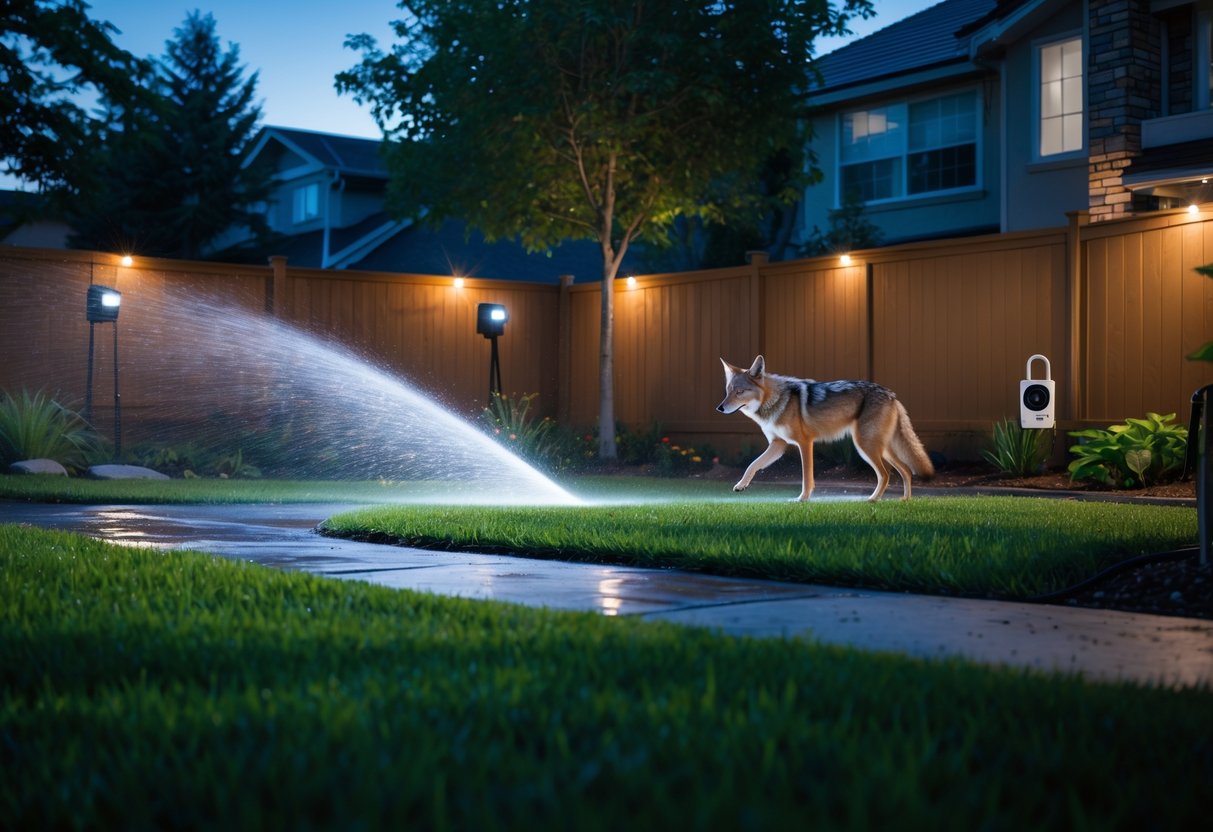 A suburban backyard at dusk with a sprinkler spraying water and a coyote retreating into the trees.