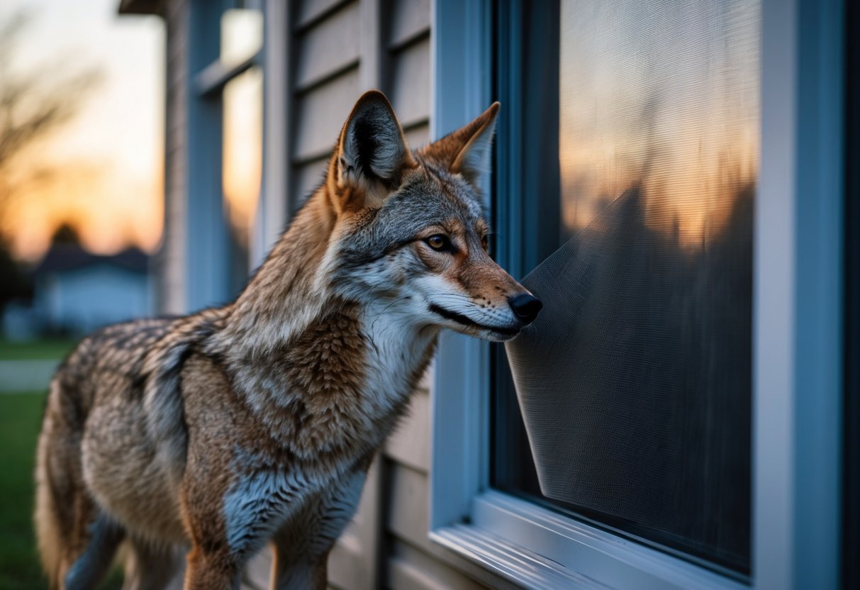 A coyote outside a house window gently pressing its paw against the window screen at dusk.