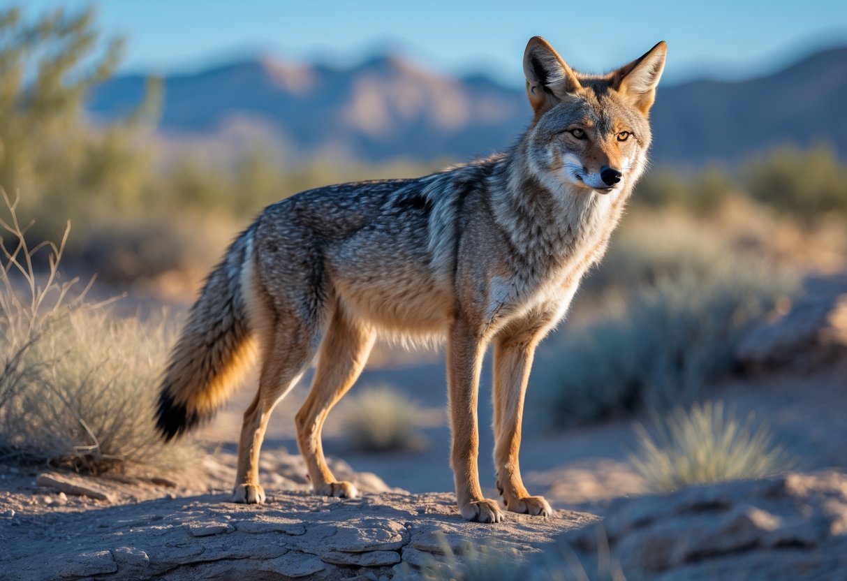 A coyote standing alert on rocky desert terrain with dry grasses and distant mountains in the background.