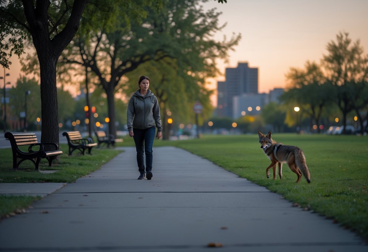 A person walking on a park path with a coyote nearby on the grass, both maintaining distance and appearing calm.