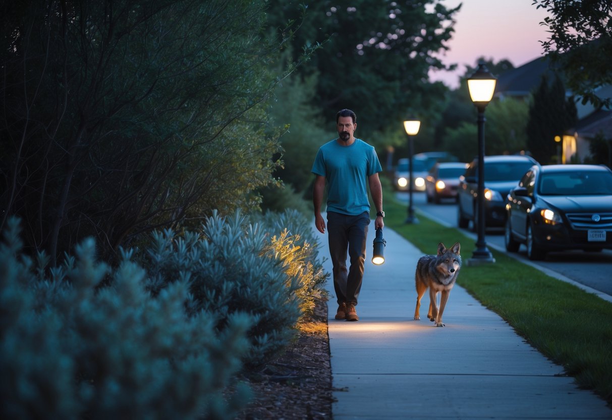 A person walking on a suburban sidewalk near bushes where a coyote is watching from the shadows at dusk.