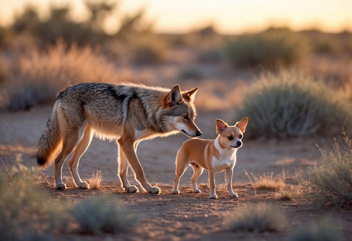 A coyote cautiously approaches a small dog in a natural outdoor setting with dry grasses and shrubs.