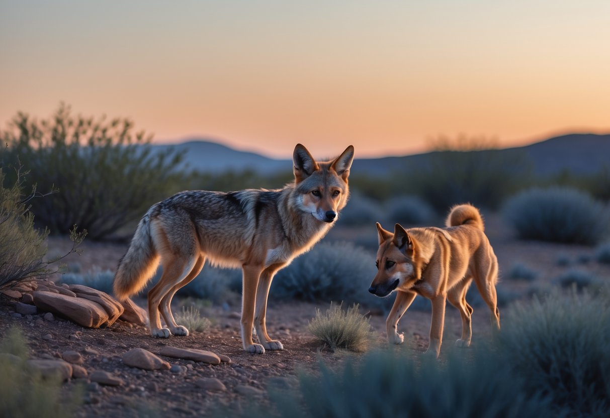 A coyote standing alert on rocky ground with a dog approaching nearby in a natural outdoor setting at dusk.
