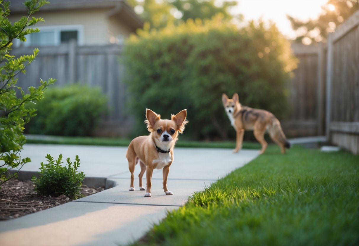 A small dog standing in a backyard with a coyote partially hidden behind bushes in the background.