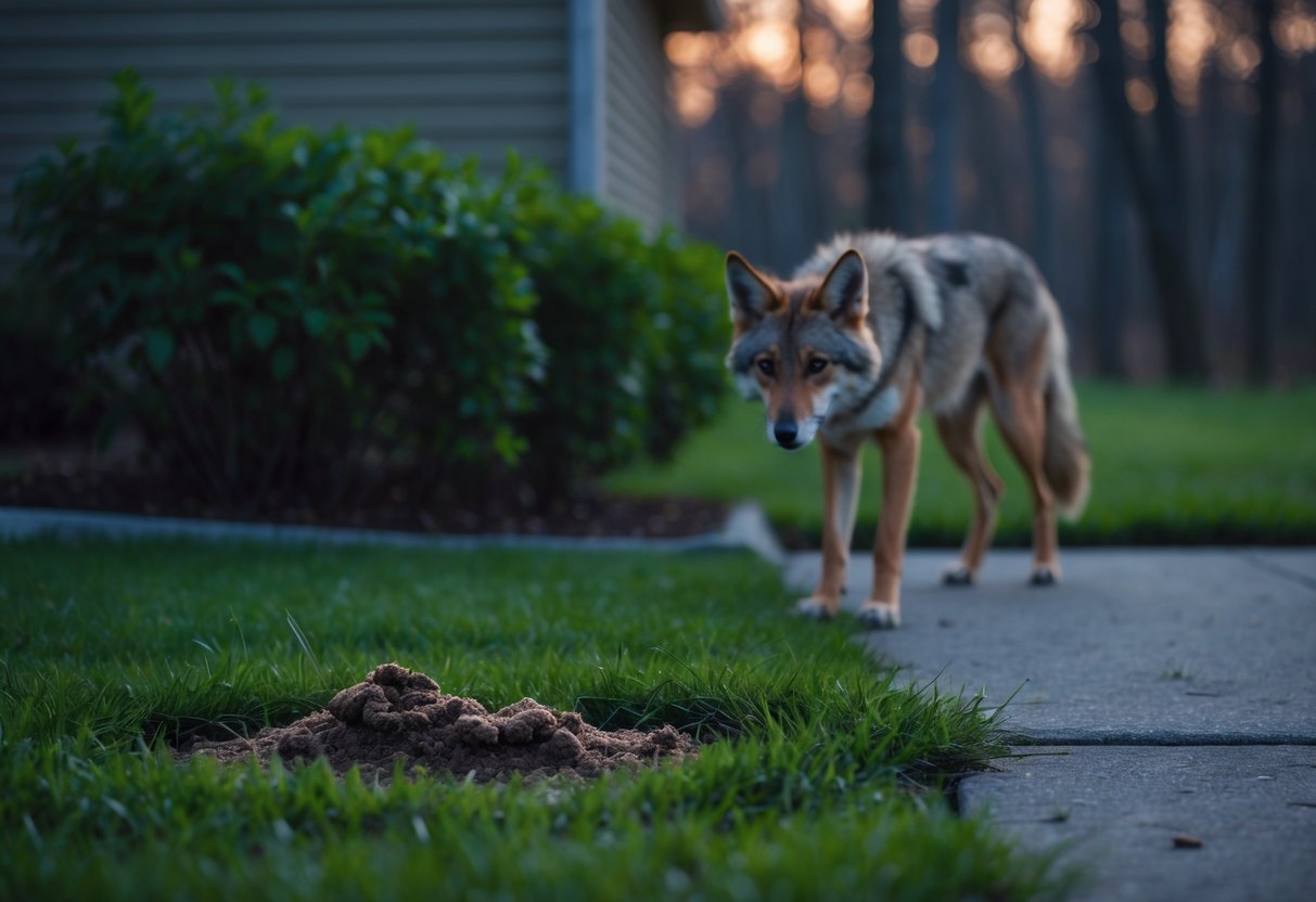 A coyote cautiously looking at dog poop in a suburban backyard at dusk.