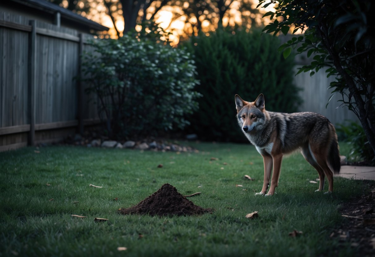 A coyote cautiously watches a small pile of dog poop in a suburban backyard at dusk.