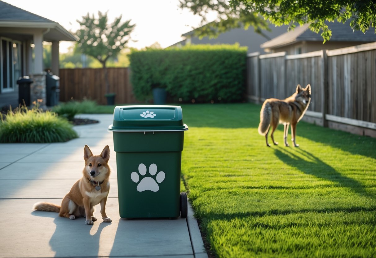 A suburban backyard with a dog sitting near a closed pet waste bin and a coyote visible at the edge of the yard behind bushes.