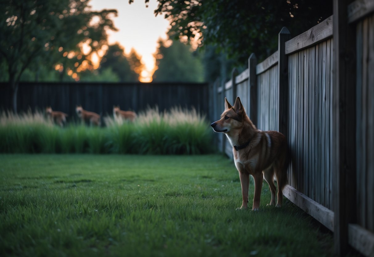 A dog standing alert in a backyard at dusk, looking toward faint coyote silhouettes near the fence.