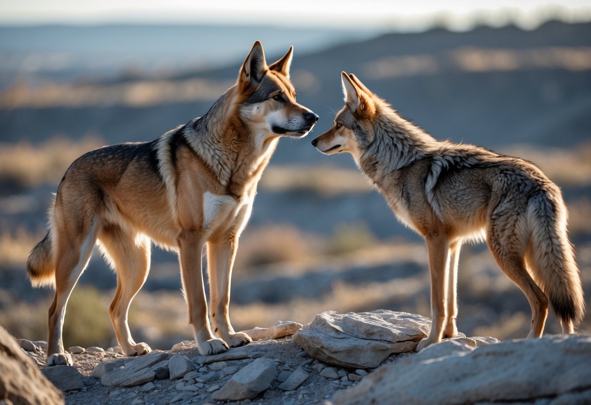 A dog and a coyote facing each other in a rocky outdoor area with sparse vegetation.