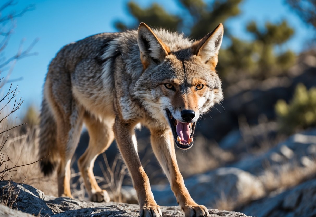 A wild coyote standing on rocky terrain with its mouth open, showing sharp teeth.