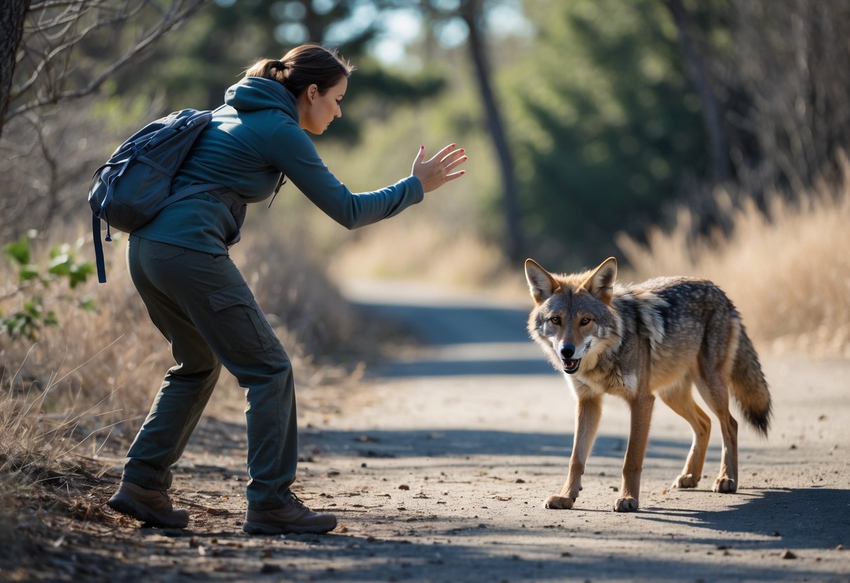 A person cautiously backing away from a wild coyote in a natural outdoor setting.