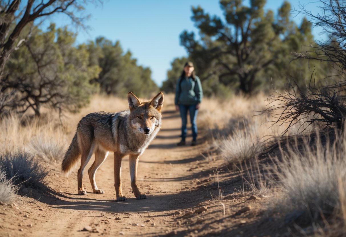 A person standing calmly on a dirt trail looking at a nearby coyote in a natural outdoor setting with trees and shrubs.