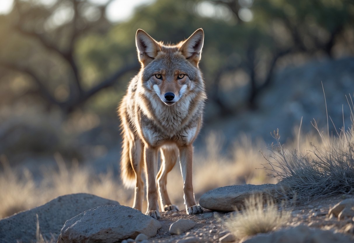 A wild coyote standing alert on rocky ground with dry grass and a blurred natural background.