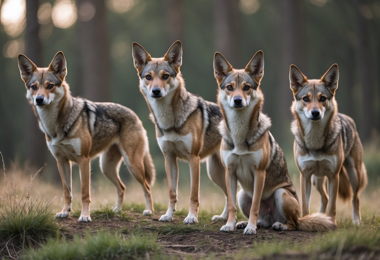 A group of domesticated dogs with coyote-like features standing and sitting on grass in a natural outdoor setting.