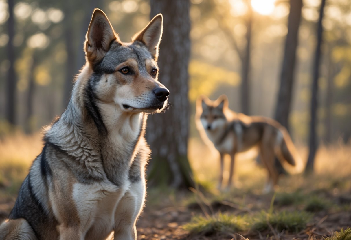 A close-up of a dog with coyote-like features sitting in a sunlit forest clearing with a wild coyote silhouette in the background.